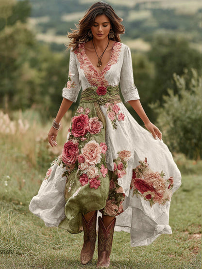Women's Floral Print Midi Dress with Asymmetric Hem