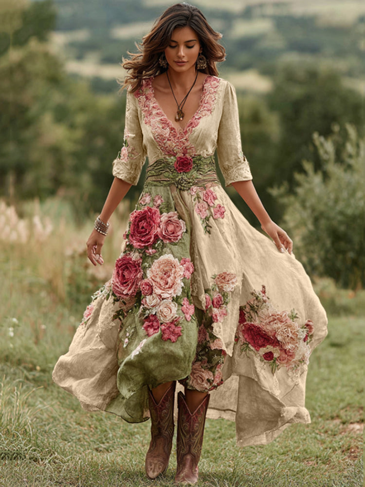 Women's Floral Print Midi Dress with Asymmetric Hem