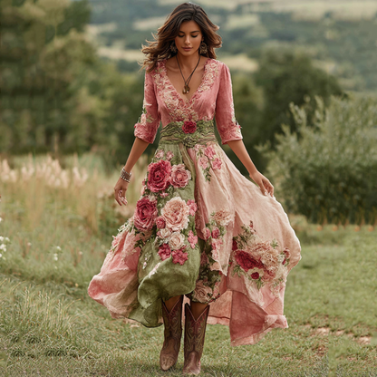 Women's Floral Print Midi Dress with Asymmetric Hem