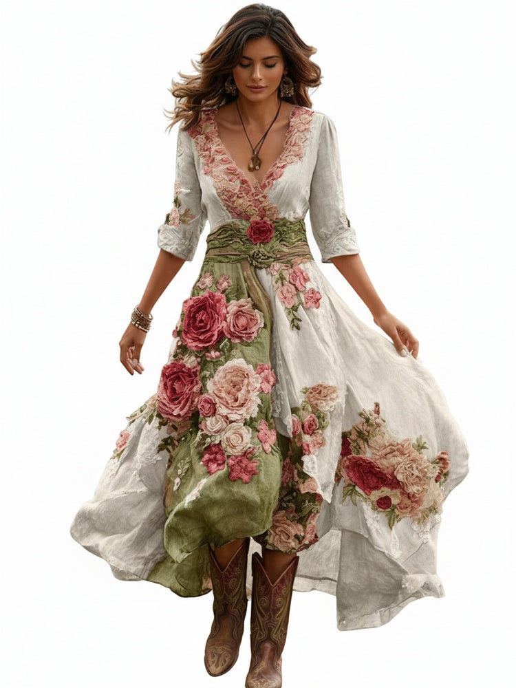 Women's Floral Print Midi Dress with Asymmetric Hem