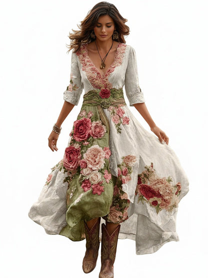 Women's Floral Print Midi Dress with Asymmetric Hem