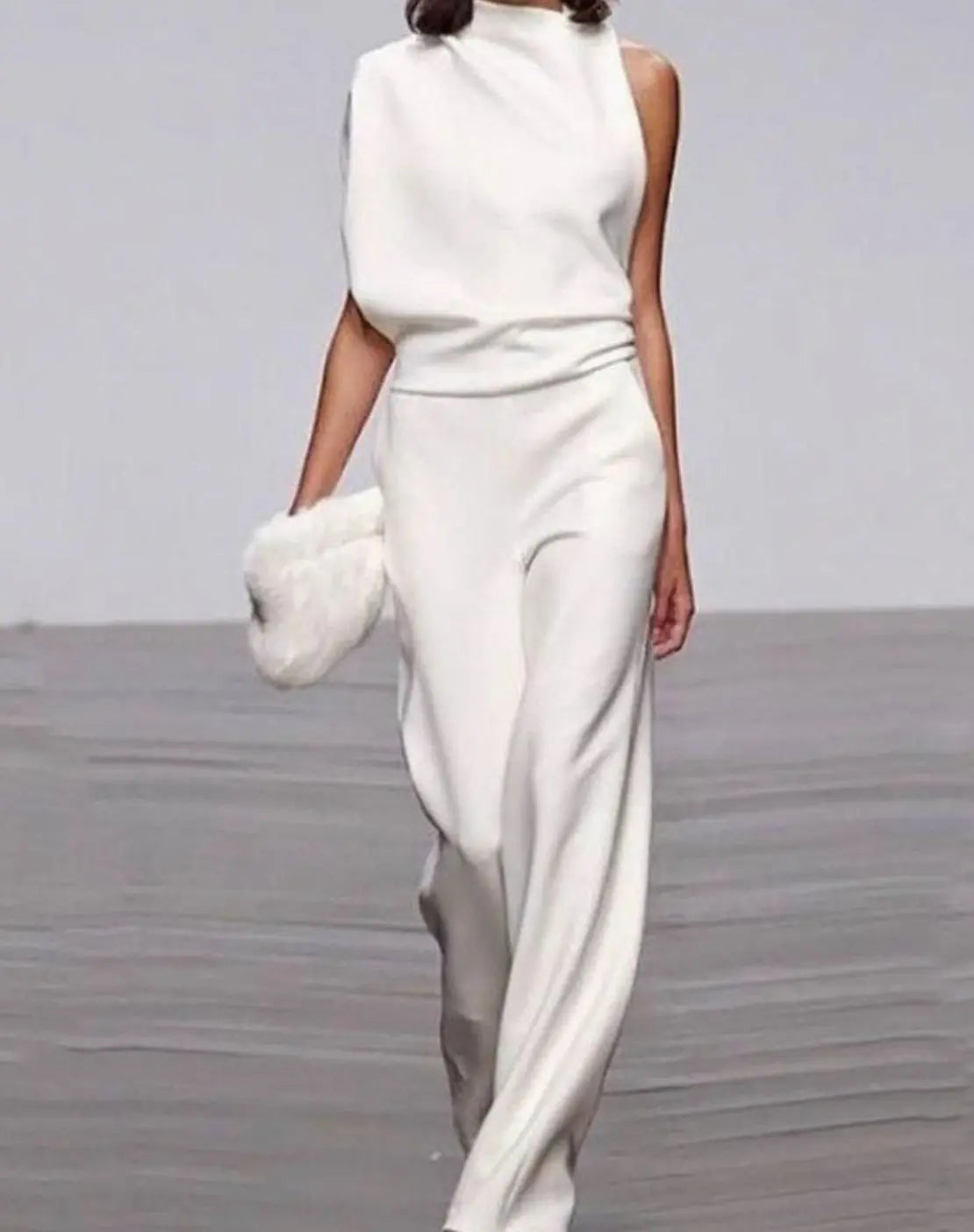 Women's Formal High-Neck Asymmetric Shoulder Wide-Leg Jumpsuit