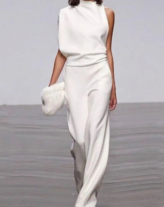 Women's Formal High-Neck Asymmetric Shoulder Wide-Leg Jumpsuit