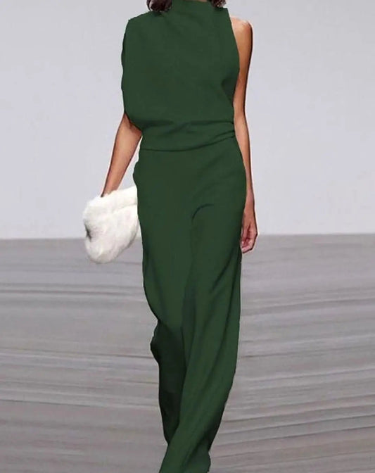 Women's Formal High-Neck Asymmetric Shoulder Wide-Leg Jumpsuit
