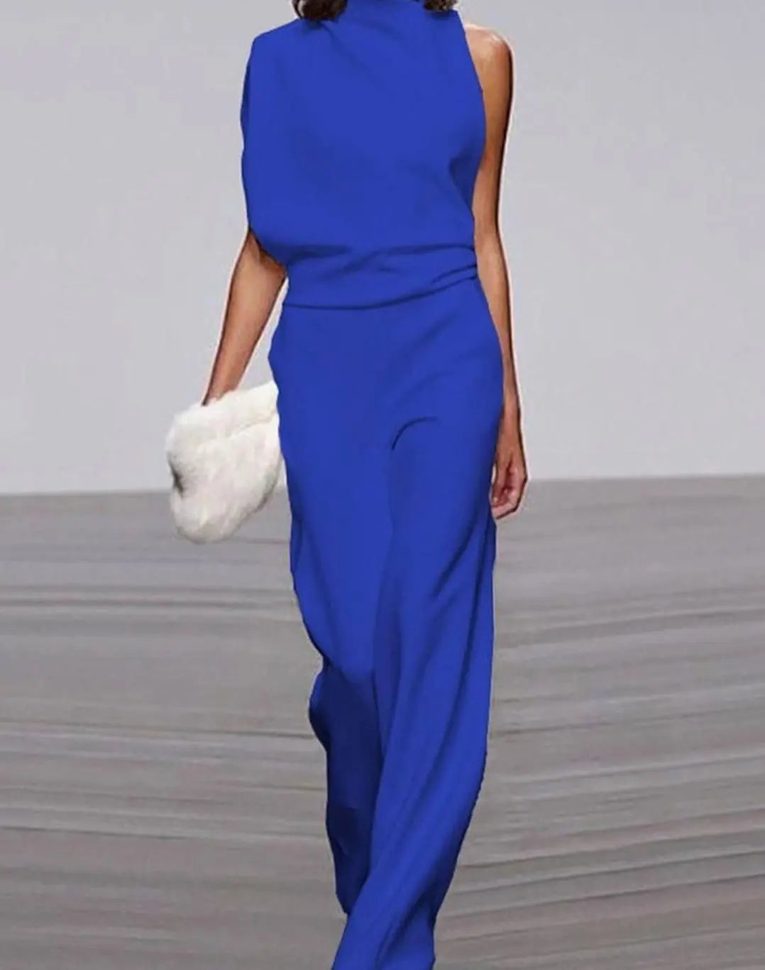 Women's Formal High-Neck Asymmetric Shoulder Wide-Leg Jumpsuit