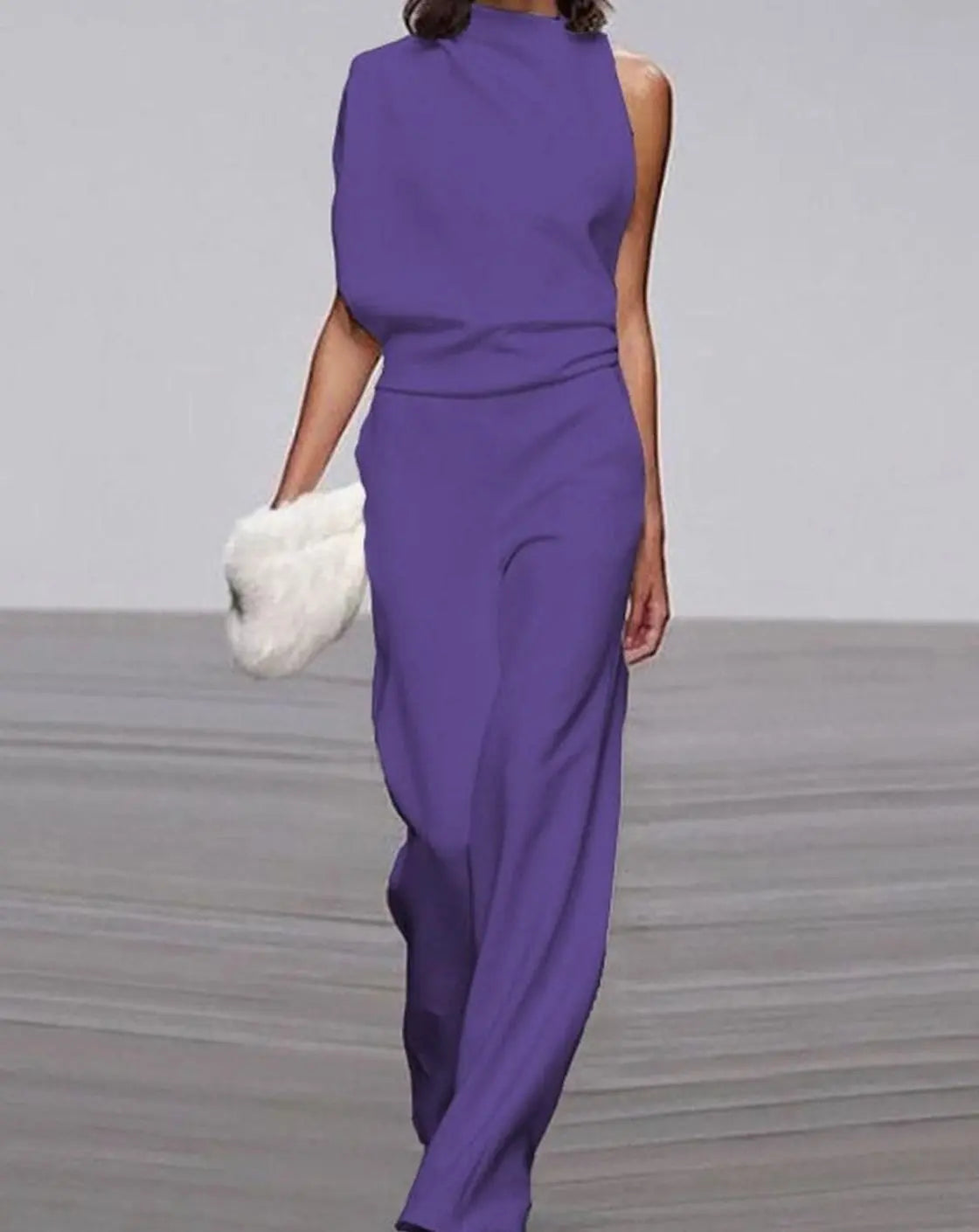Women's Formal High-Neck Asymmetric Shoulder Wide-Leg Jumpsuit