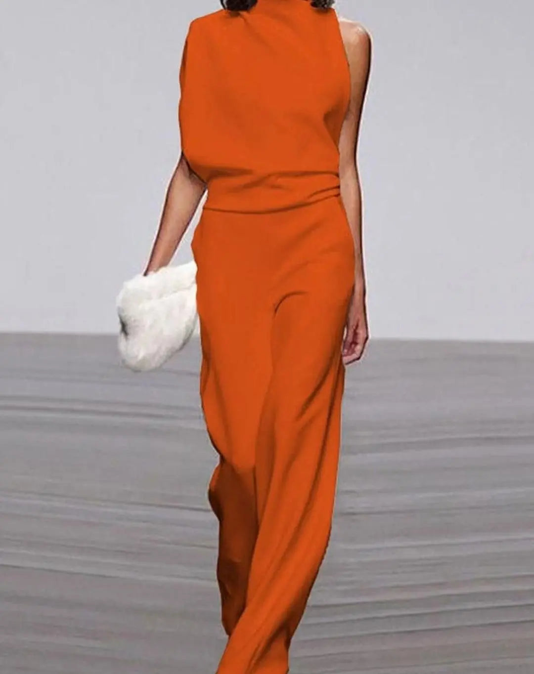 Women's Formal High-Neck Asymmetric Shoulder Wide-Leg Jumpsuit