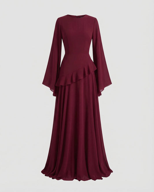 Women's Gala Maxi Dress with Bell Sleeves and Tiered Skirt