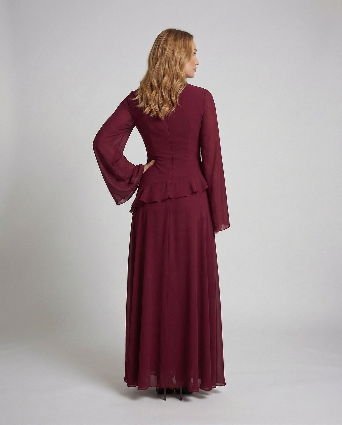 Women's Gala Maxi Dress with Bell Sleeves and Tiered Skirt