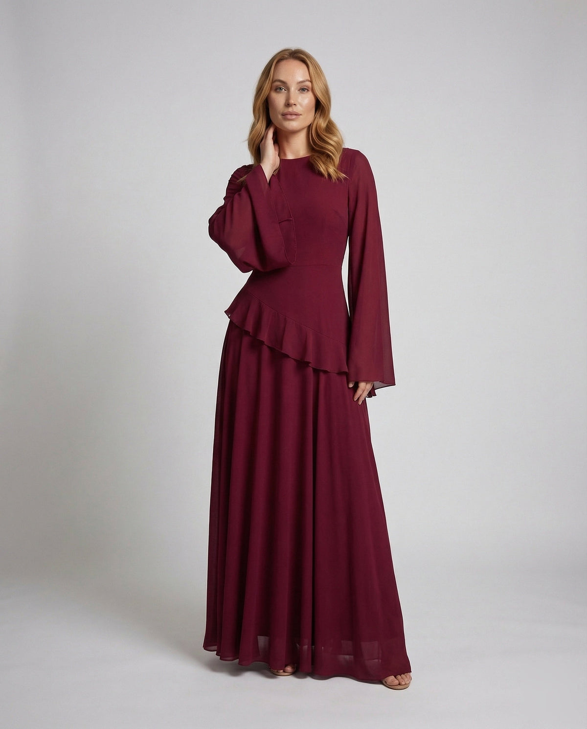 Women's Gala Maxi Dress with Bell Sleeves and Tiered Skirt
