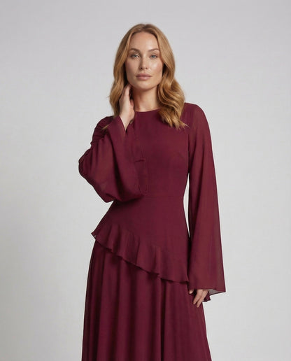 Women's Gala Maxi Dress with Bell Sleeves and Tiered Skirt