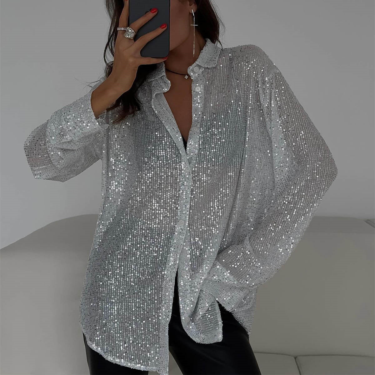 Women's Glitter Blouse with Shimmering Texture and Casual Fit