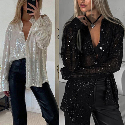 Women's Glitter Blouse with Shimmering Texture and Casual Fit