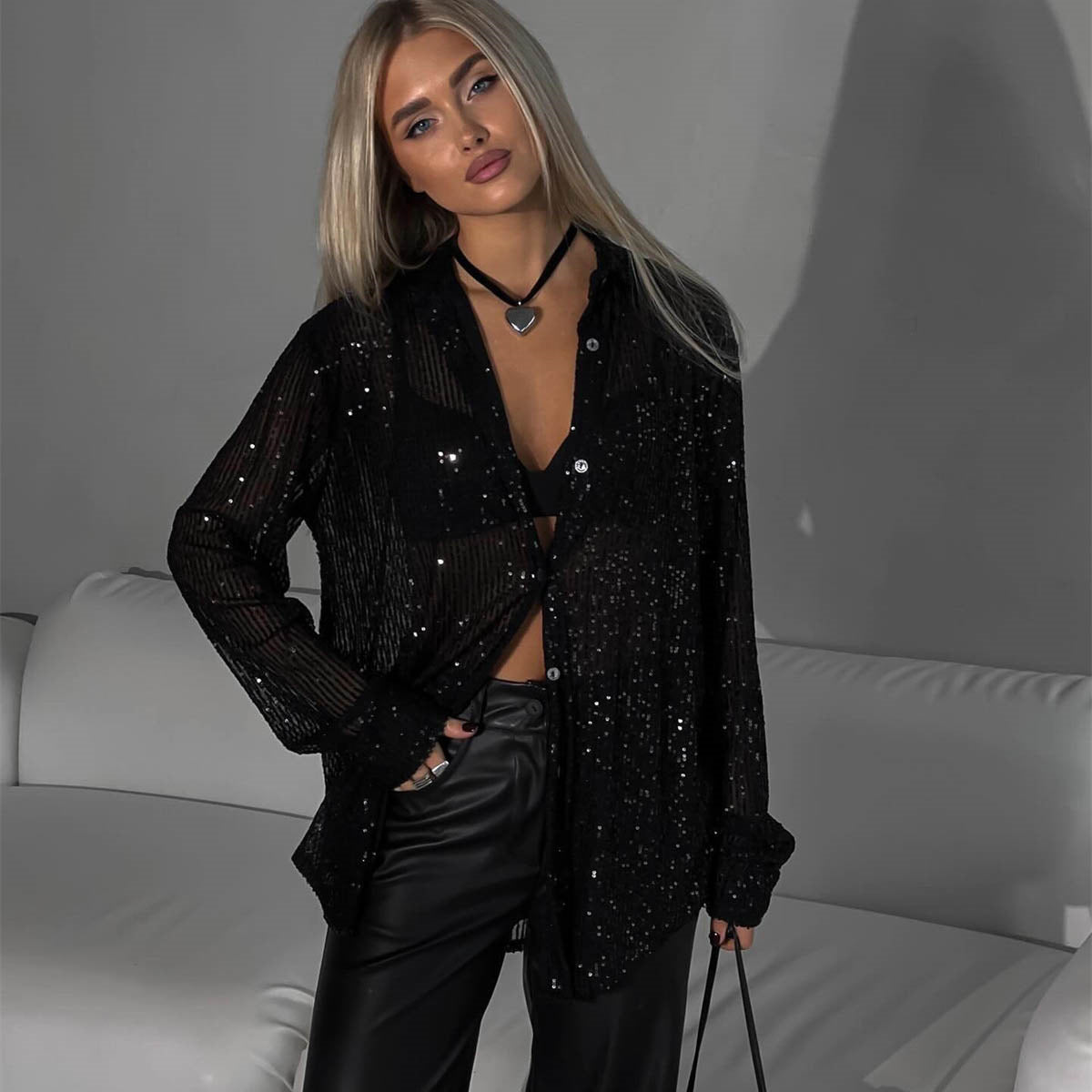 Women's Glitter Blouse with Shimmering Texture and Casual Fit