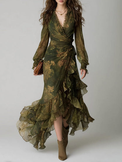 Women's Green Floral V-Neck Wrap Maxi Dress with Ruffle Hem