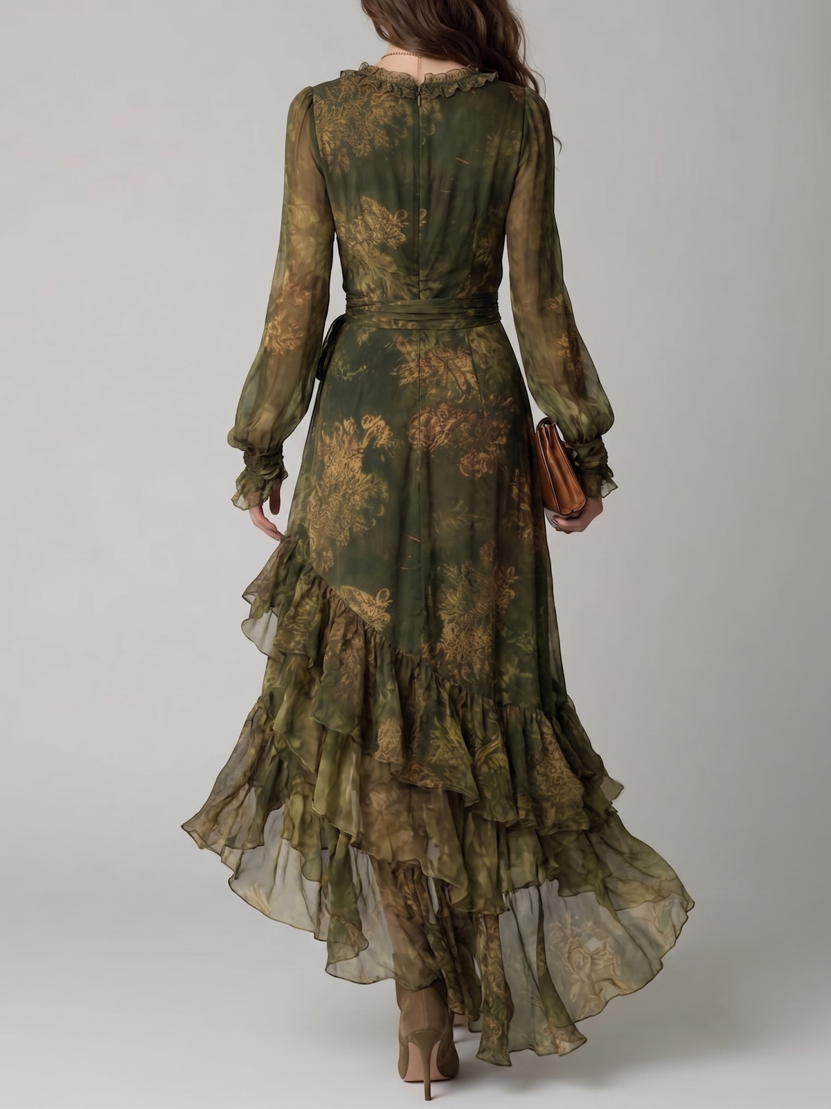 Women's Green Floral V-Neck Wrap Maxi Dress with Ruffle Hem