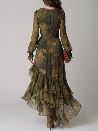 Women's Green Floral V-Neck Wrap Maxi Dress with Ruffle Hem