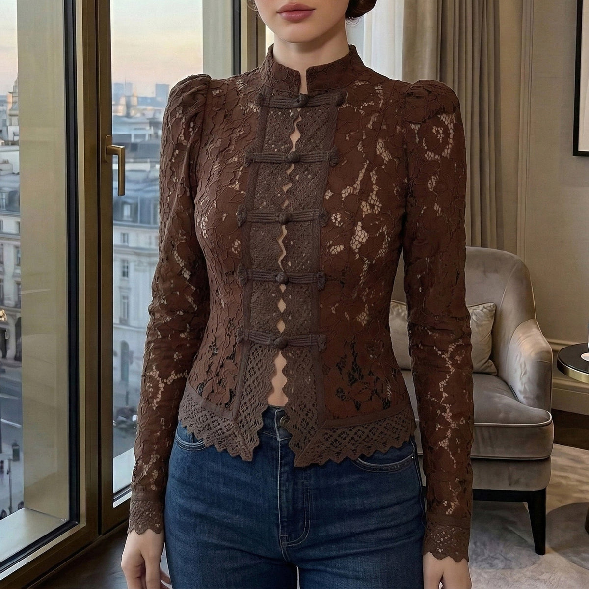 Women's Lace Blouse with Structured Details and Elegant Stand-Up Collar
