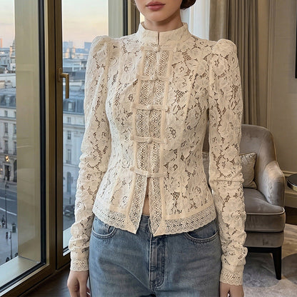 Women's Lace Blouse with Structured Details and Elegant Stand-Up Collar