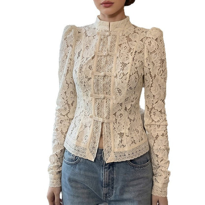 Women's Lace Blouse with Structured Details and Elegant Stand-Up Collar