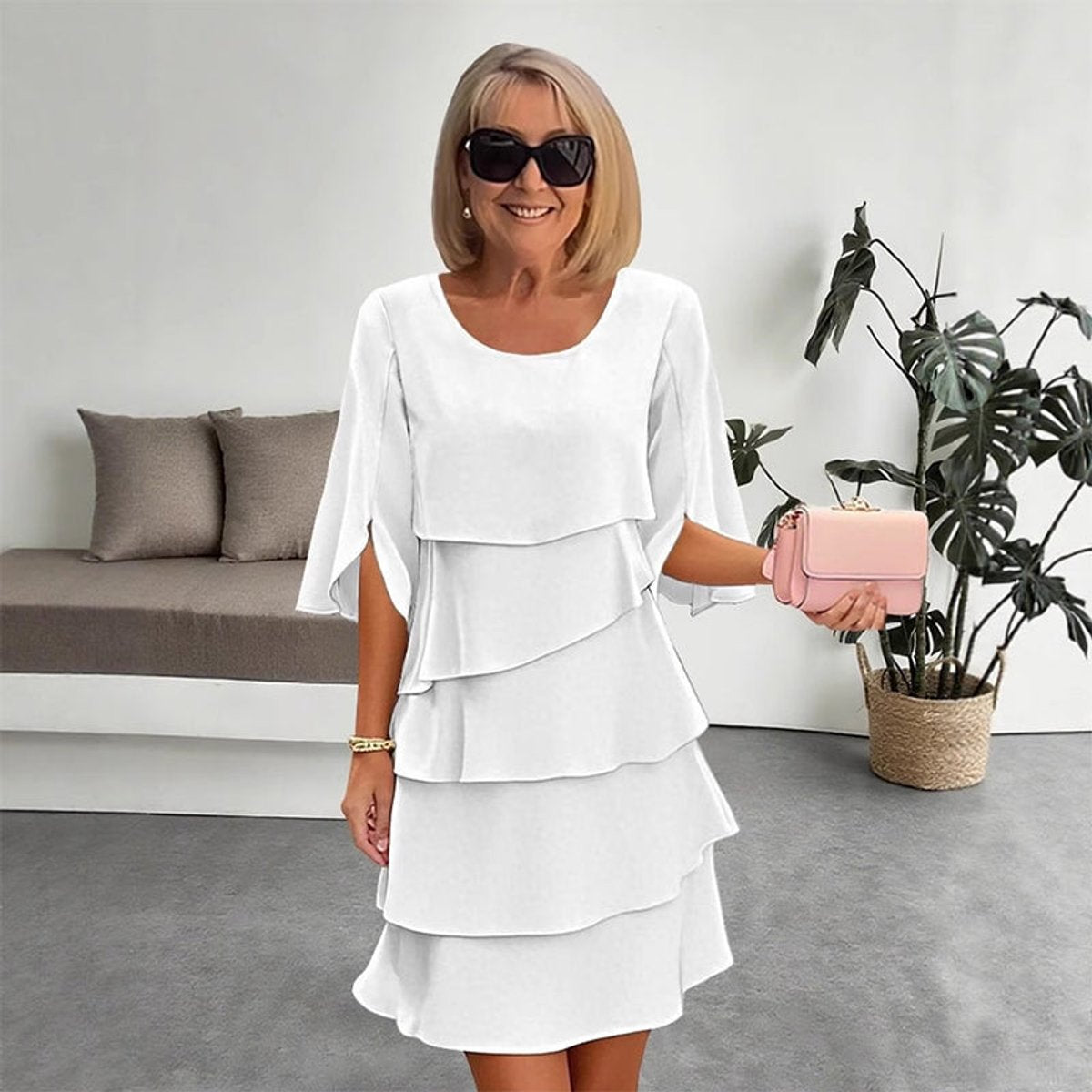 Women's Layered Ruffle-Sleeve Midi Dress