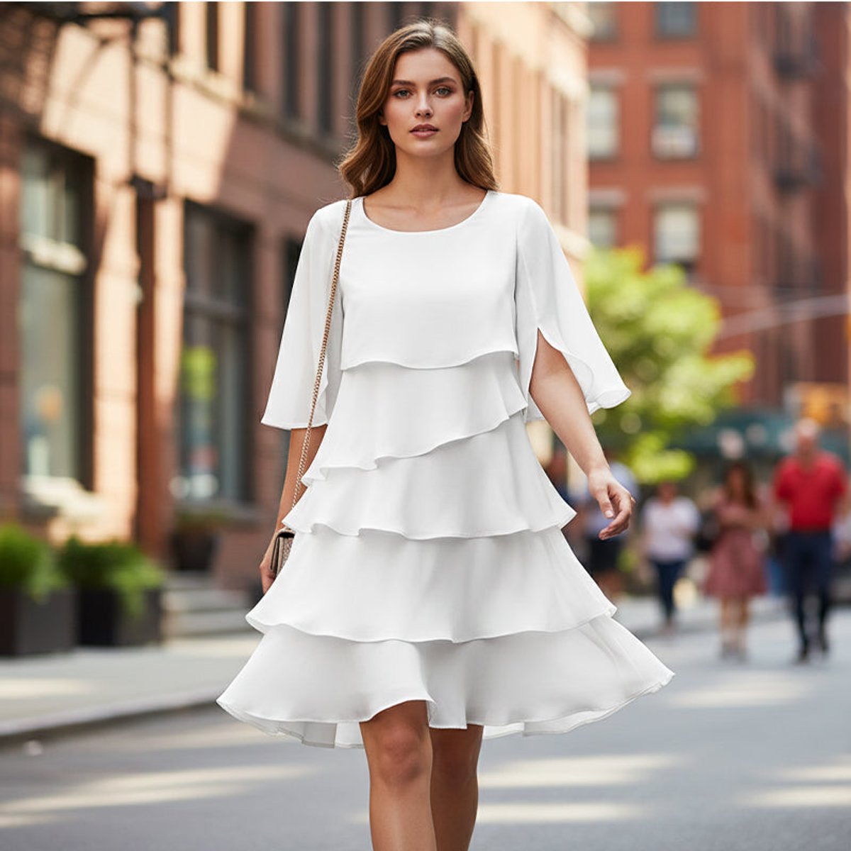 Women's Layered Ruffle-Sleeve Midi Dress