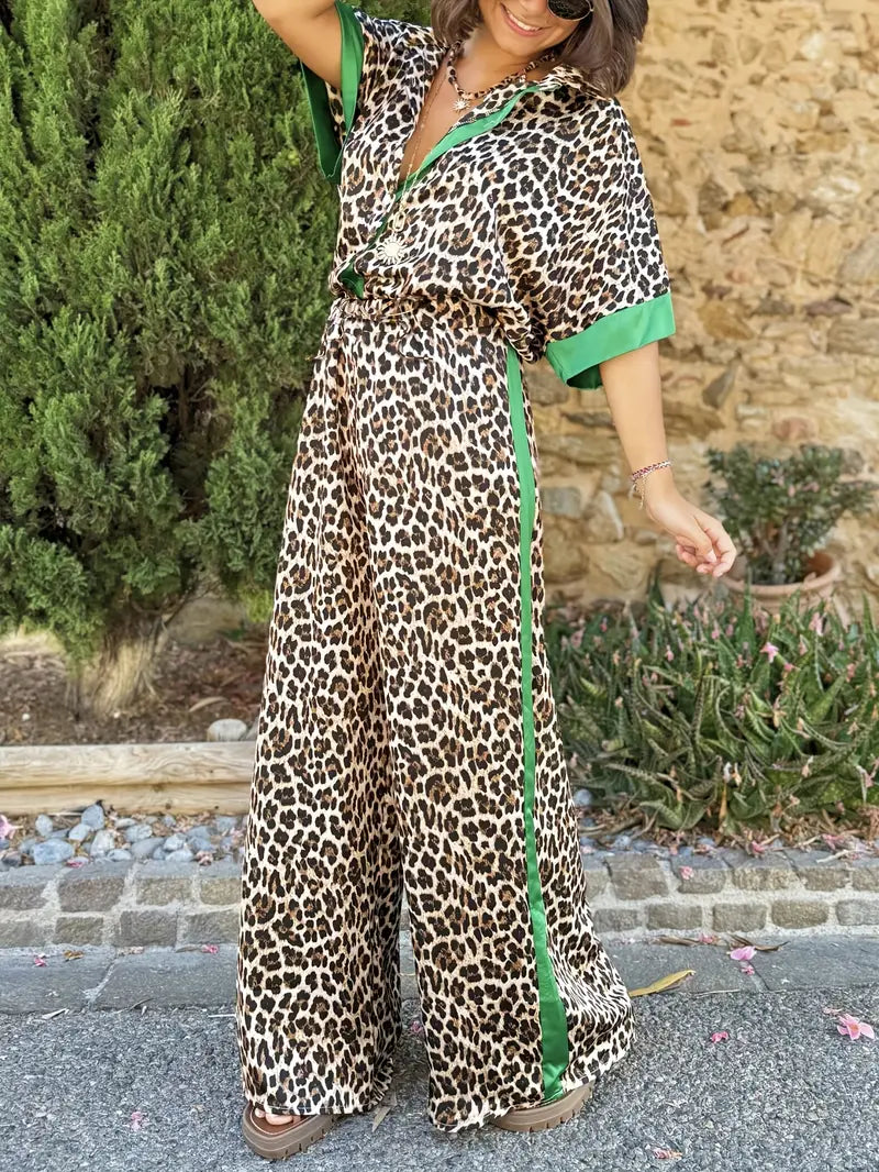 Women's Leopard-Print Wide-Leg V-Neck Jumpsuit