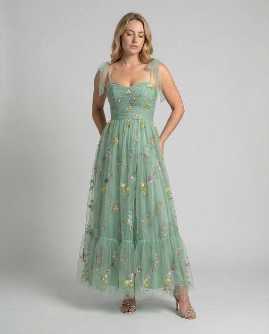 Women's Long Floral Embroidered Tulle Ball Gown