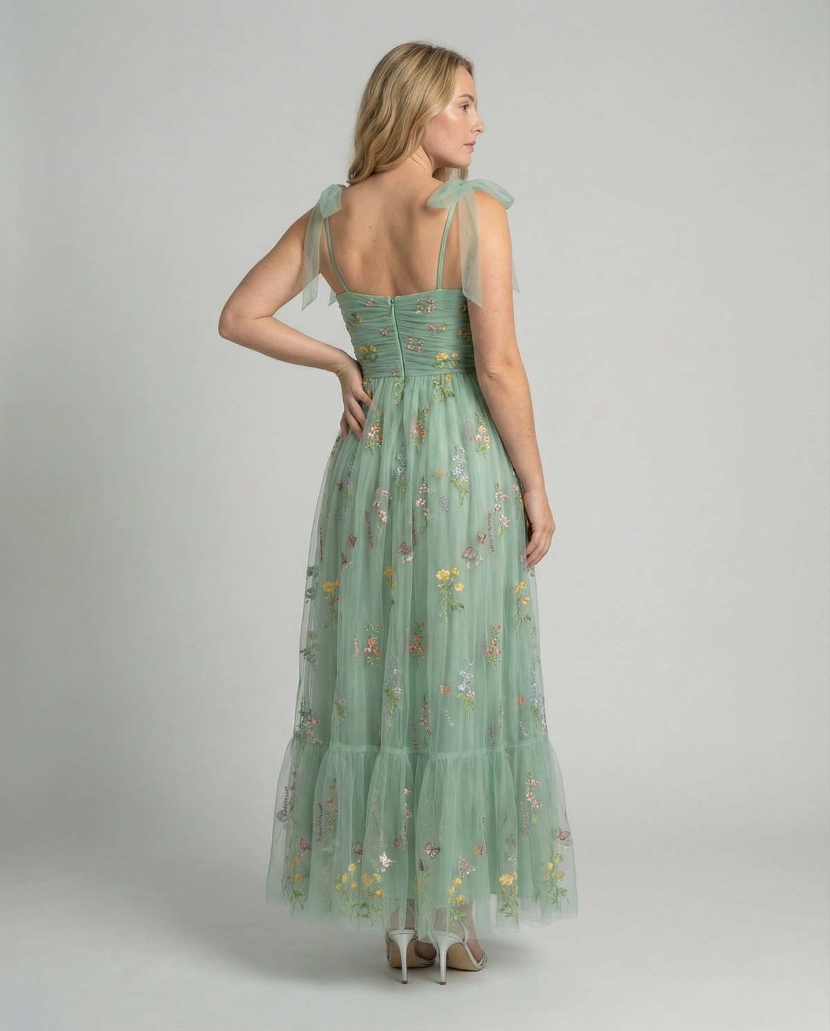 Women's Long Floral Embroidered Tulle Ball Gown