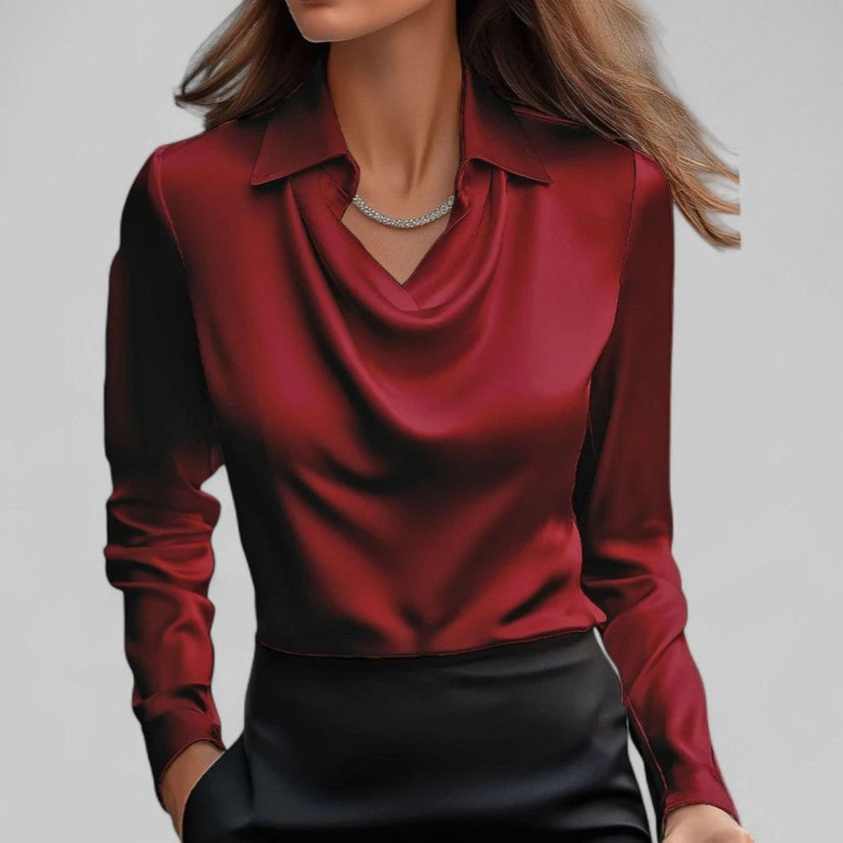 Women's Long Sleeve Draped-Neck Satin Collared Blouse Top