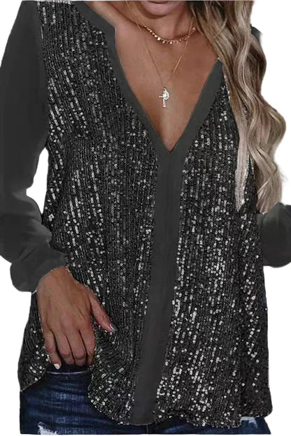 Women's Long Sleeve V-Neck Sequin Blouse
