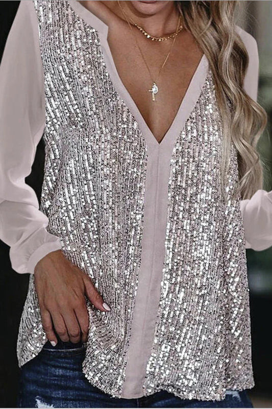 Women's Long Sleeve V-Neck Sequin Blouse