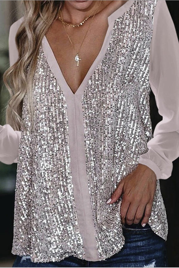 Women's Long Sleeve V-Neck Sequin Blouse