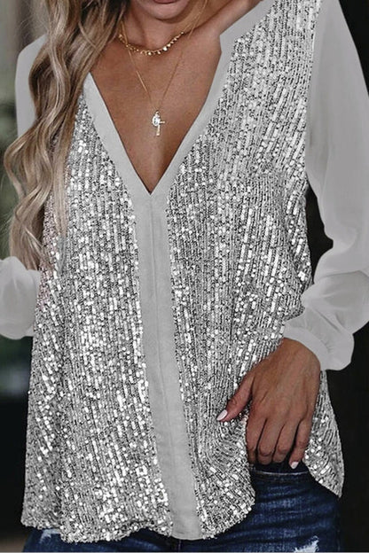 Women's Long Sleeve V-Neck Sequin Blouse