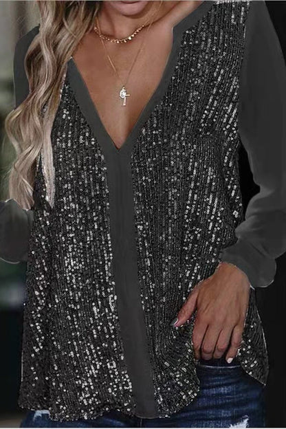 Women's Long Sleeve V-Neck Sequin Blouse
