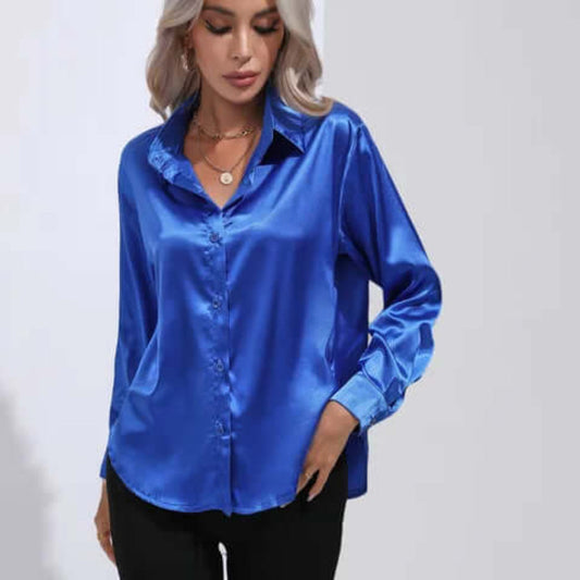 Women's Loose Fit Long Sleeve Satin Blouse