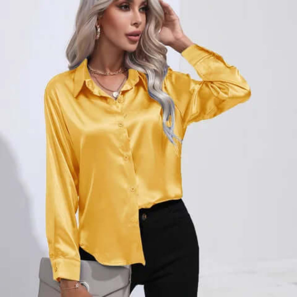 Women's Loose Fit Long Sleeve Satin Blouse