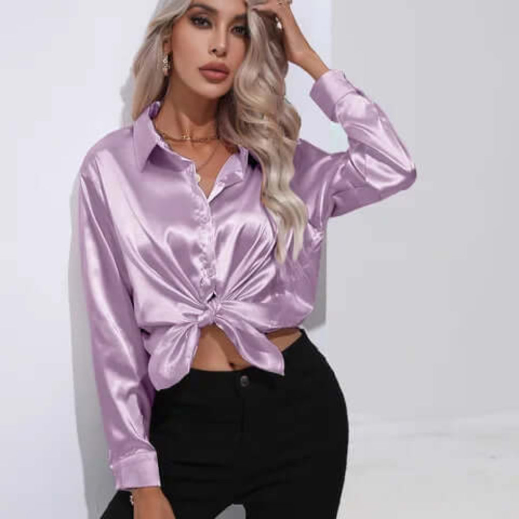 Women's Loose Fit Long Sleeve Satin Blouse