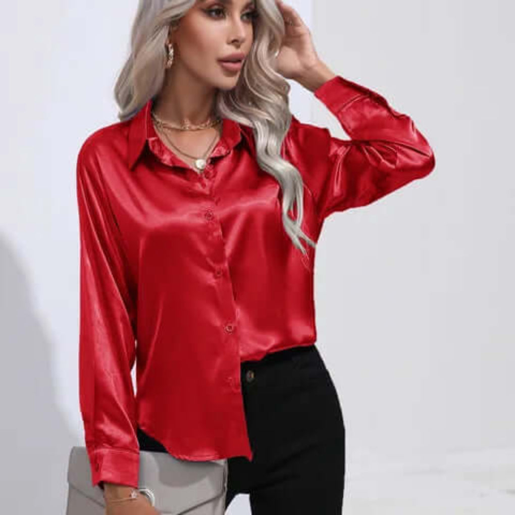 Women's Loose Fit Long Sleeve Satin Blouse