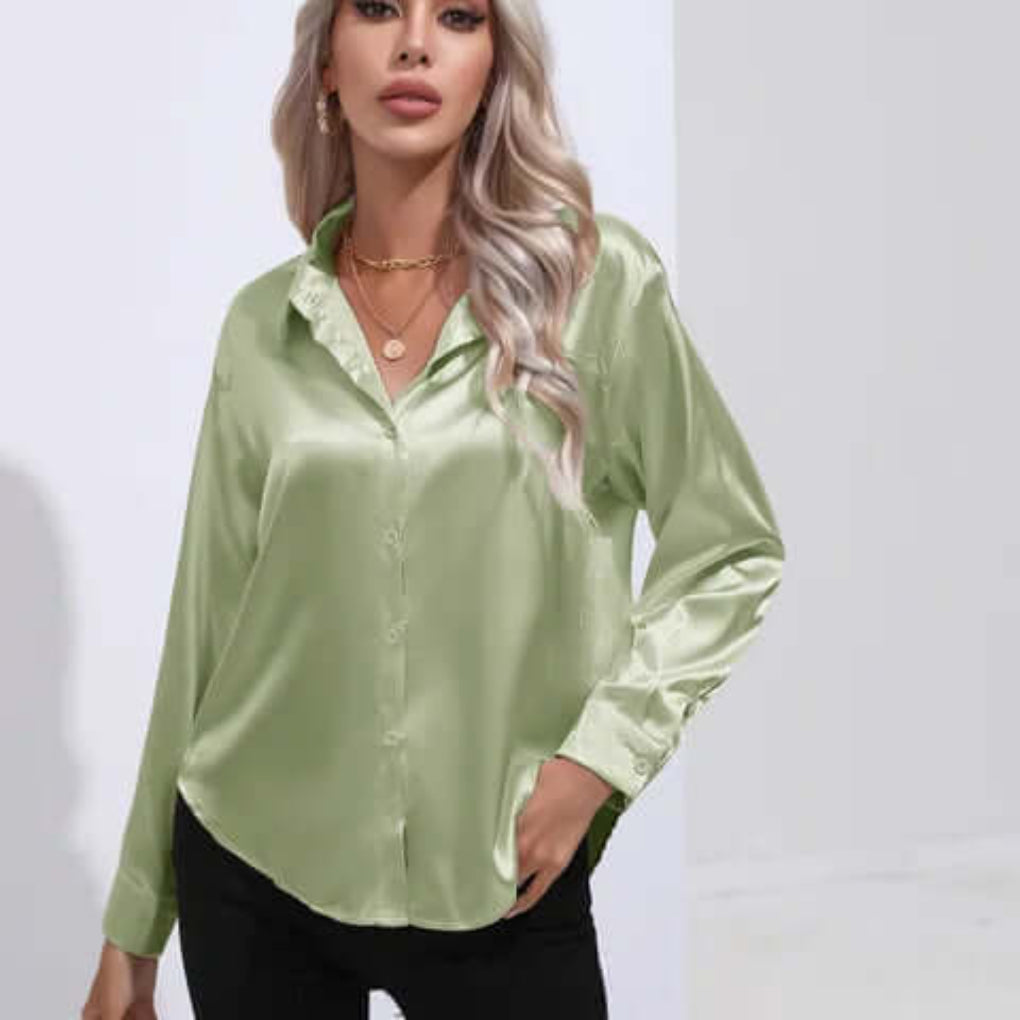 Women's Loose Fit Long Sleeve Satin Blouse