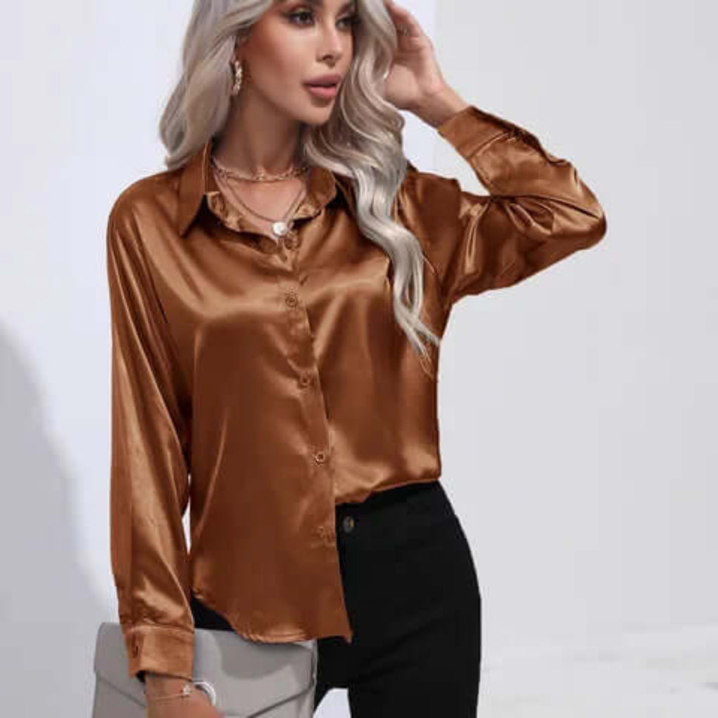 Women's Loose Fit Long Sleeve Satin Blouse