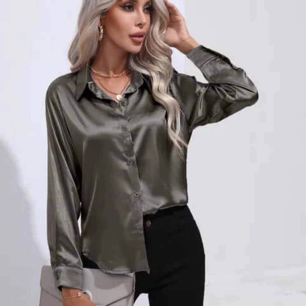 Women's Loose Fit Long Sleeve Satin Blouse