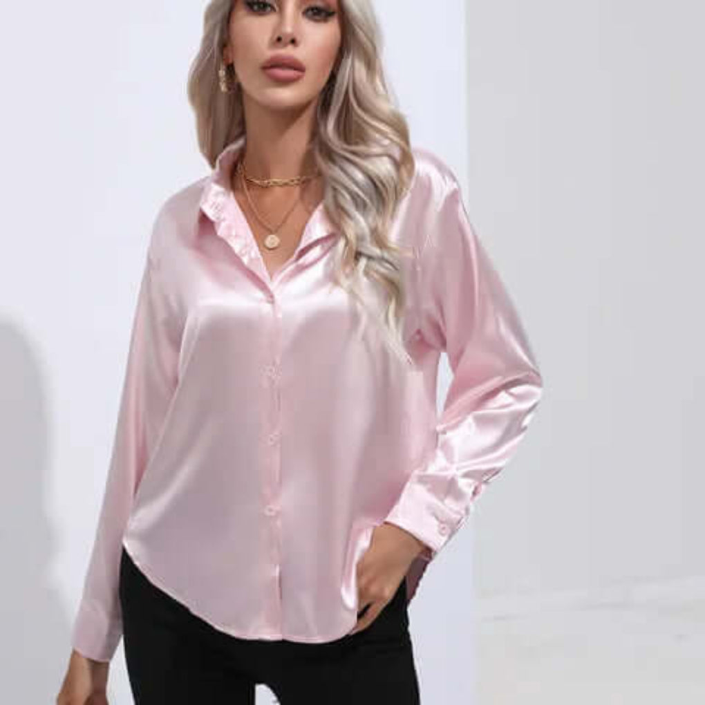 Women's Loose Fit Long Sleeve Satin Blouse