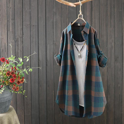 Women's Loose Fit Plaid Longline Blouse