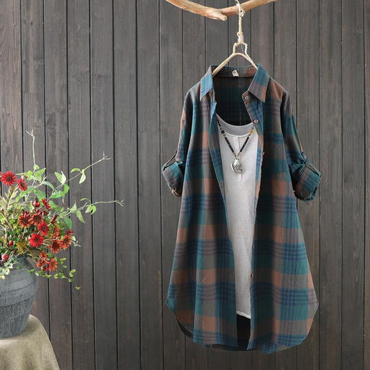 Women's Loose Fit Plaid Longline Blouse