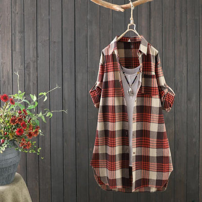 Women's Loose Fit Plaid Longline Blouse