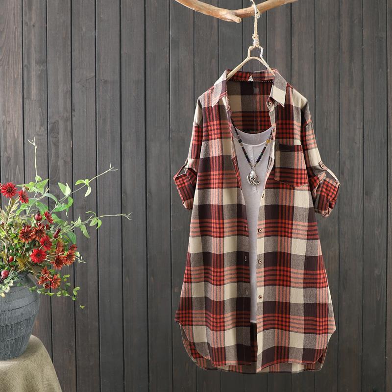 Women's Loose Fit Plaid Longline Blouse
