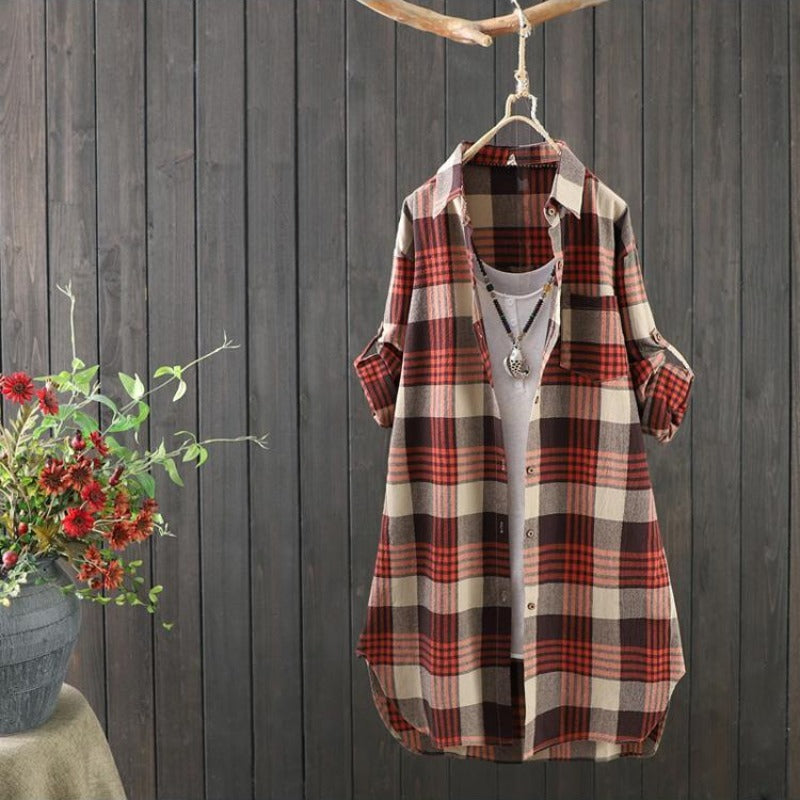 Women's Loose Fit Plaid Longline Blouse