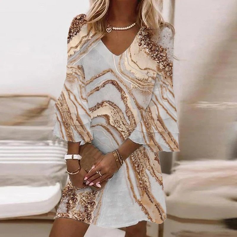 Women's Marble Swirl Mini Dress with Flared Sleeves