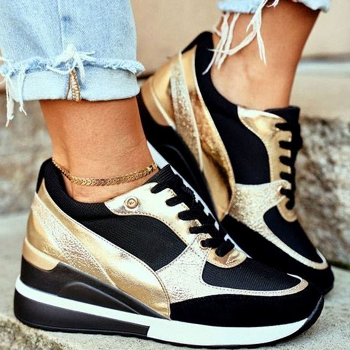 Women's Metallic Panel Lace-Up Wedge Sneakers